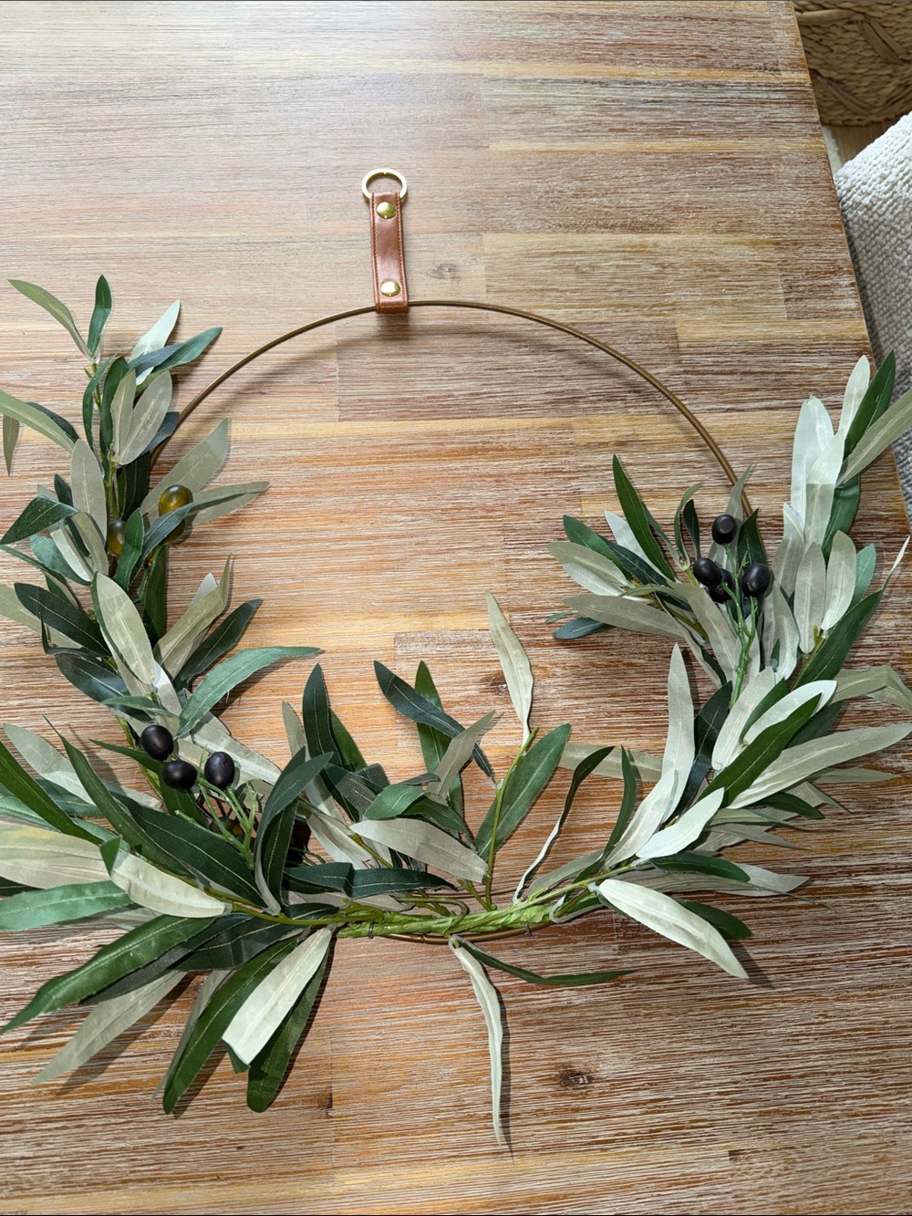 Heart & Hand Olive Green & gold Metal Hoop Wreath -  with leather strap